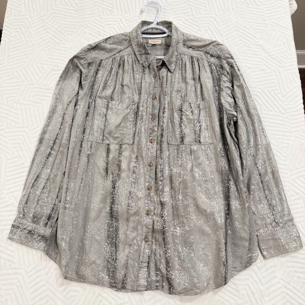 Pilcro Anthropologie Metallic Silver Foil Button Down Shirt Grey Rayon Large - Picture 3 of 10